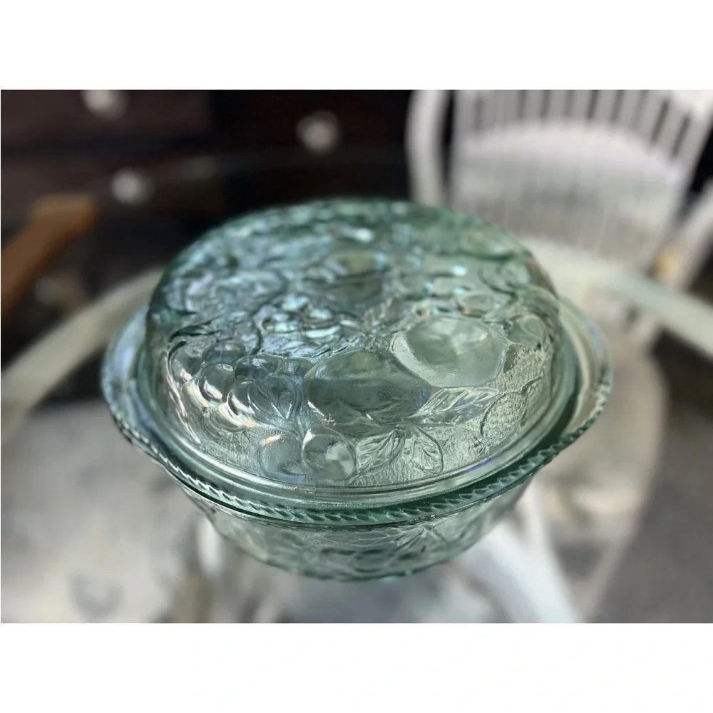 Vintage Libbey-Rock Sharpe “Orchard Fruit” Green Glass Round Covered Casserole